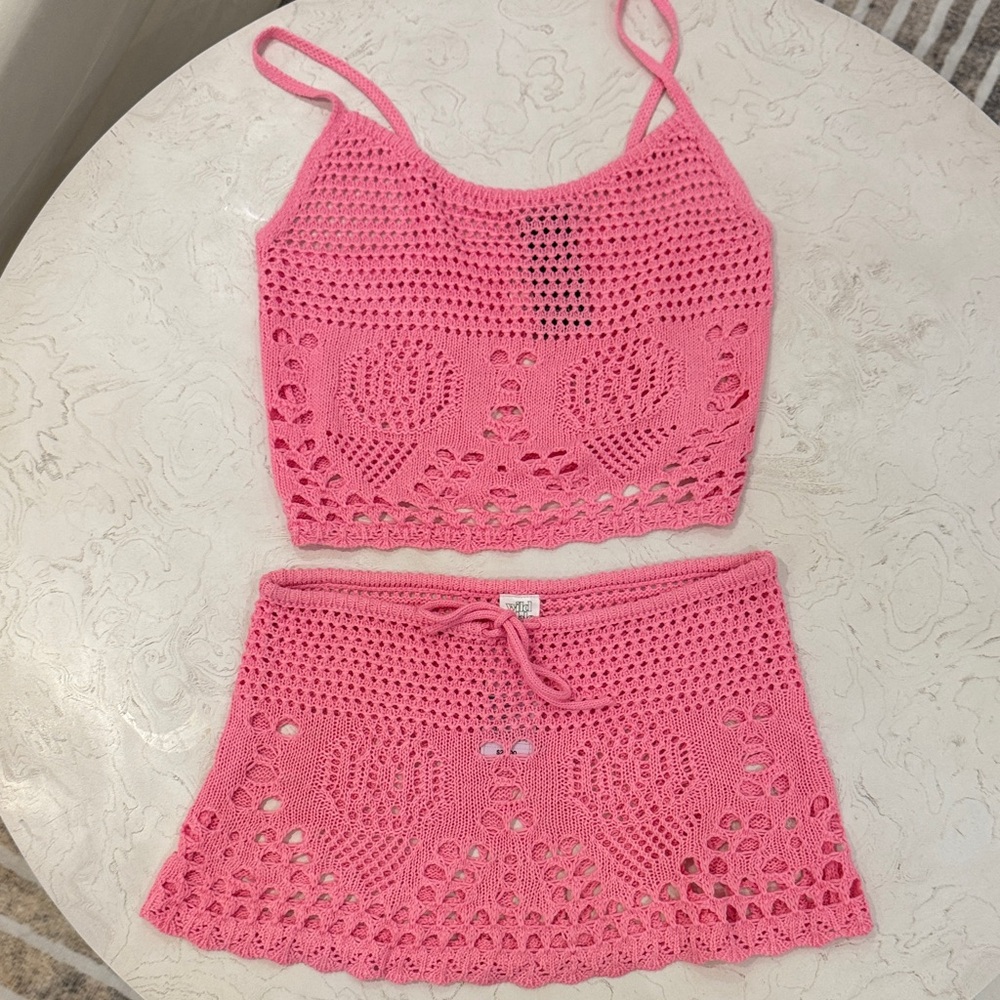 Wild Fable Swim Coverup Pink Crochet Knit Matching Set NWT Top S Skirt XS